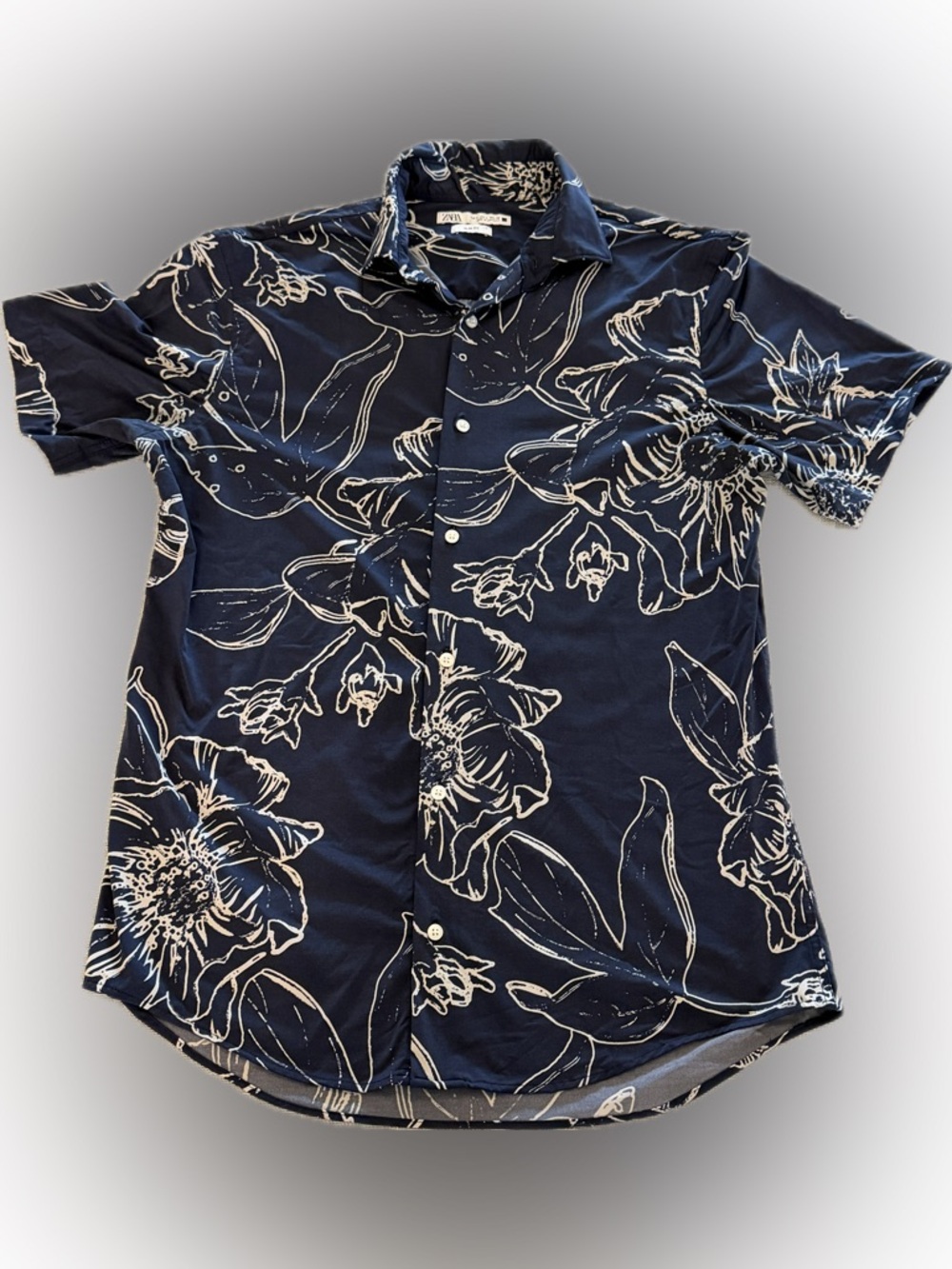 Zara Floral Button Up Shirt Mens Small Slim Fit Blue Tropical